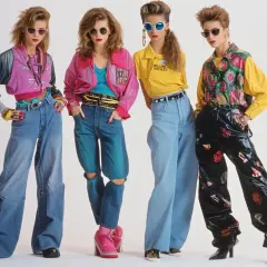 Cztery kobiety w stylizacjach retro, jakie to lata? Szerokie jeansy, neonowe kurtki i wyraziste okulary.