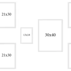 Kompozycja ramek: dwie 30x40, cztery 21x30, dwie 13x18. Idealne wymiary ramki A4 i inne do Twoich zdjęć.
