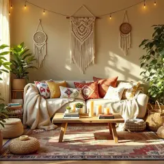Przytulny salon w stylu boho z makramami i mandalami na ścianie, mnóstwem roślin i plecionymi koszami.