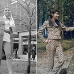 Moda w czasach PRL: kobiety prezentują eleganckie stroje – garnitur w kratkę, płaszcz i sukienkę.