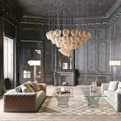 Elegancja i mrok: salon w stylu gotyckim cechy – ciemne ściany, bogate zdobienia, masywny żyrandol i luksusowe meble.