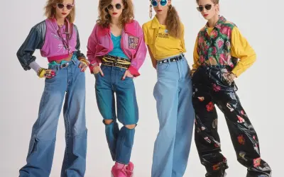 Cztery kobiety w stylizacjach retro, jakie to lata? Szerokie jeansy, neonowe kurtki i wyraziste okulary.