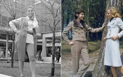 Moda w czasach PRL: kobiety prezentują eleganckie stroje – garnitur w kratkę, płaszcz i sukienkę.