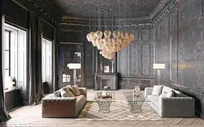 Elegancja i mrok: salon w stylu gotyckim cechy – ciemne ściany, bogate zdobienia, masywny żyrandol i luksusowe meble.