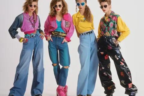 Cztery kobiety w stylizacjach retro, jakie to lata? Szerokie jeansy, neonowe kurtki i wyraziste okulary.