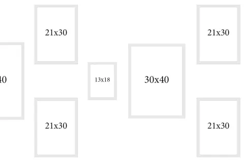 Kompozycja ramek: dwie 30x40, cztery 21x30, dwie 13x18. Idealne wymiary ramki A4 i inne do Twoich zdjęć.