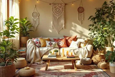 Przytulny salon w stylu boho z makramami i mandalami na ścianie, mnóstwem roślin i plecionymi koszami.