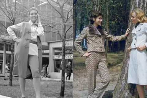 Moda w czasach PRL: kobiety prezentują eleganckie stroje – garnitur w kratkę, płaszcz i sukienkę.