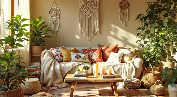 Przytulny salon w stylu boho z makramami i mandalami na ścianie, mnóstwem roślin i plecionymi koszami.