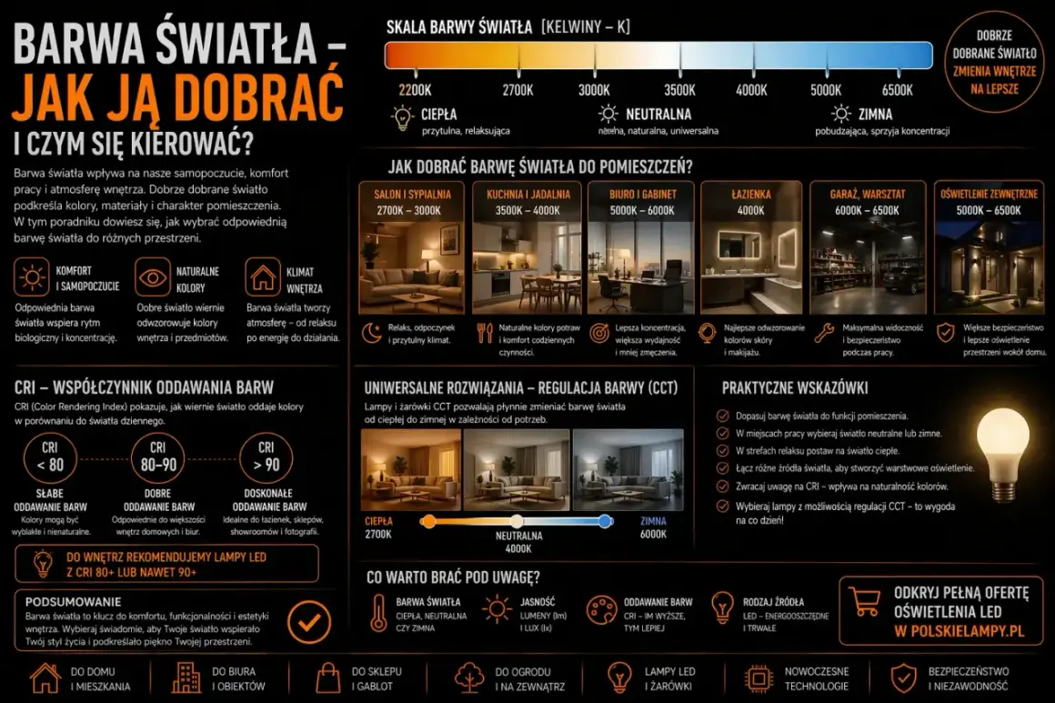 Barwa światła ma znaczenie: ciepła dla relaksu, neutralna do pracy, zimna do koncentracji. Dobierz idealne kolory dla każdego wnętrza.