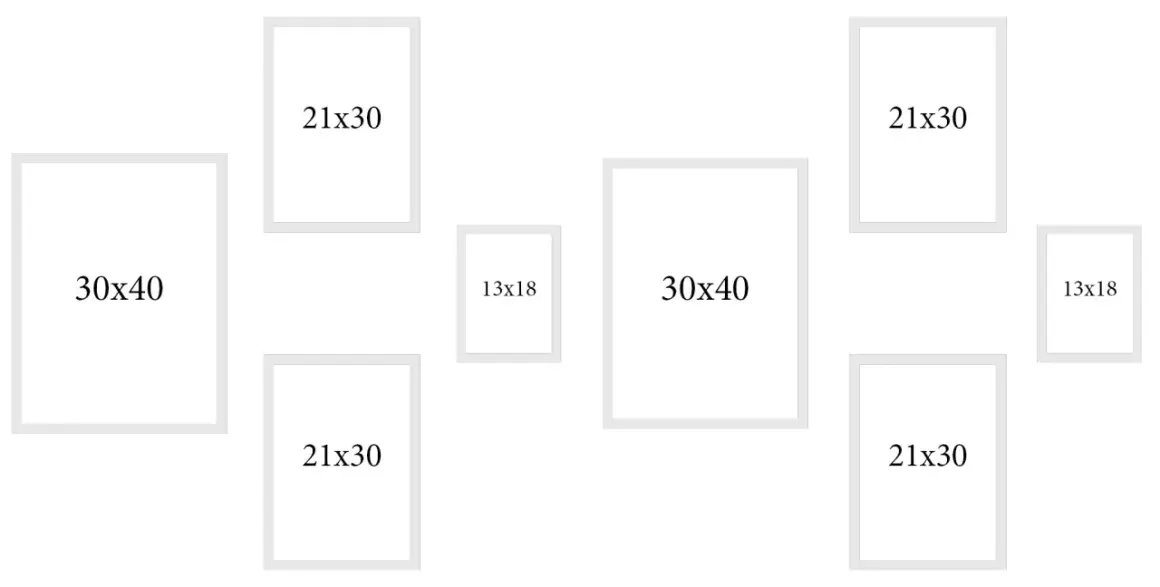 Kompozycja ramek: dwie 30x40, cztery 21x30, dwie 13x18. Idealne wymiary ramki A4 i inne do Twoich zdjęć.