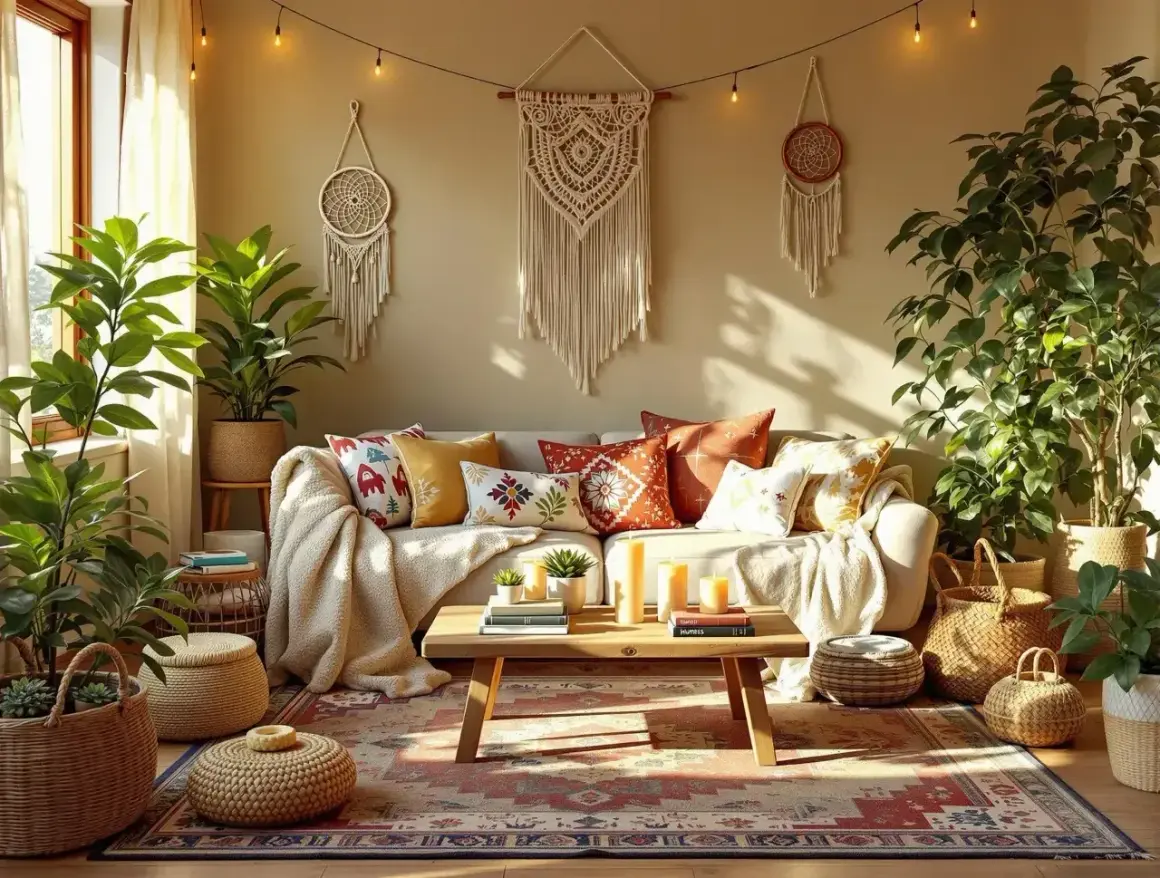 Przytulny salon w stylu boho z makramami i mandalami na ścianie, mnóstwem roślin i plecionymi koszami.