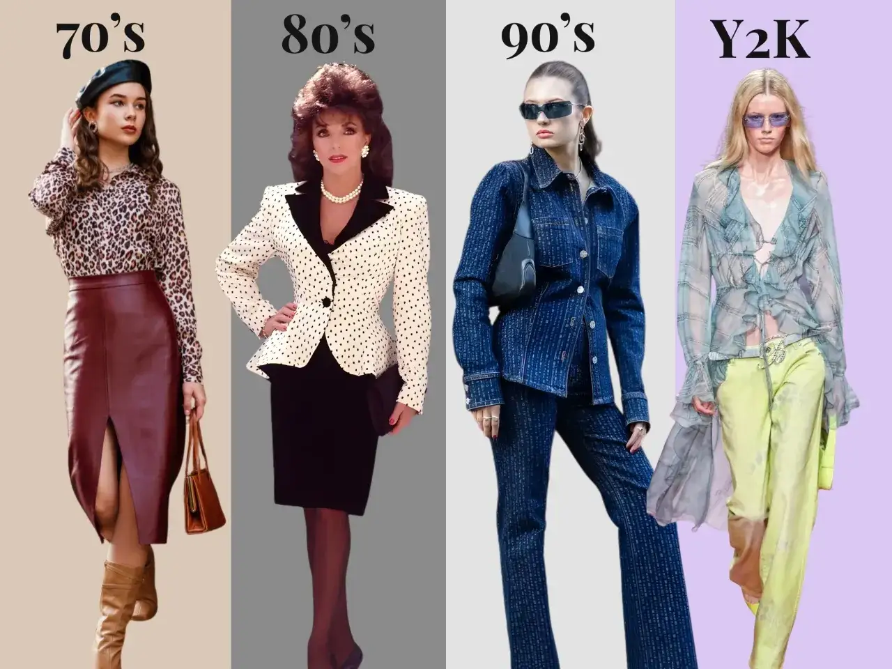Styl retro: lata 70. z panterką i skórzaną spódnicą, 80. z grochami, 90. w denimie, Y2K z falbankami.