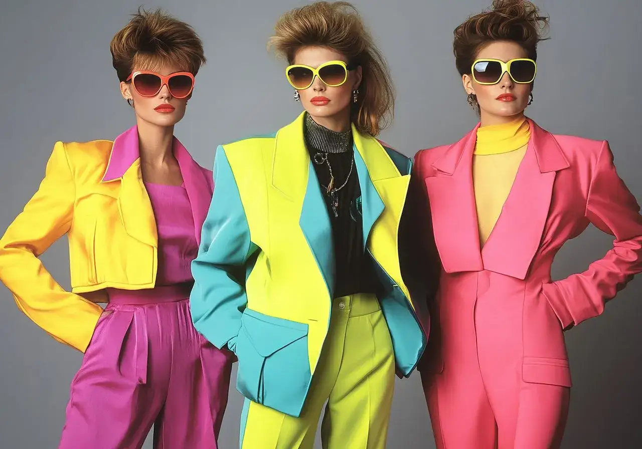 Trzy kobiety w neonowych stylizacjach, okulary przeciwsłoneczne i bufiaste fryzury. Ikoniczna moda lat 80. powraca!