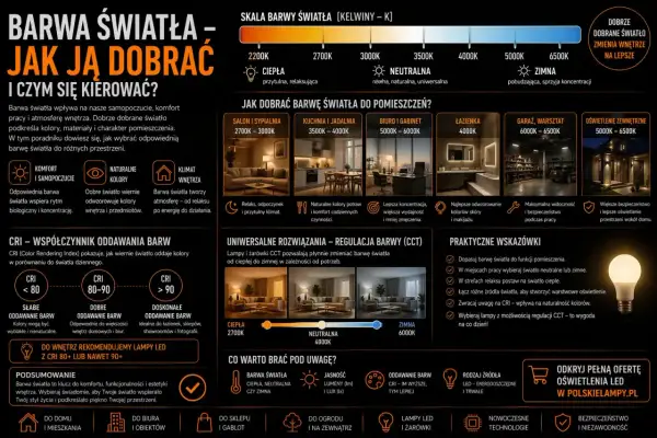 Barwa światła ma znaczenie: ciepła dla relaksu, neutralna do pracy, zimna do koncentracji. Dobierz idealne kolory dla każdego wnętrza.