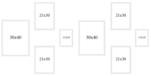 Kompozycja ramek: dwie 30x40, cztery 21x30, dwie 13x18. Idealne wymiary ramki A4 i inne do Twoich zdjęć.